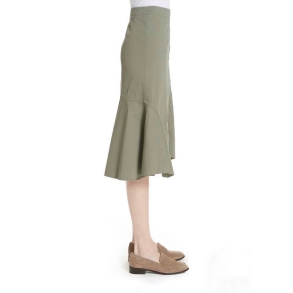 THEORY Reconstructed Stretch Twill Midi Skirt Size 2 Hidden Button Unlined - Picture 2 of 10